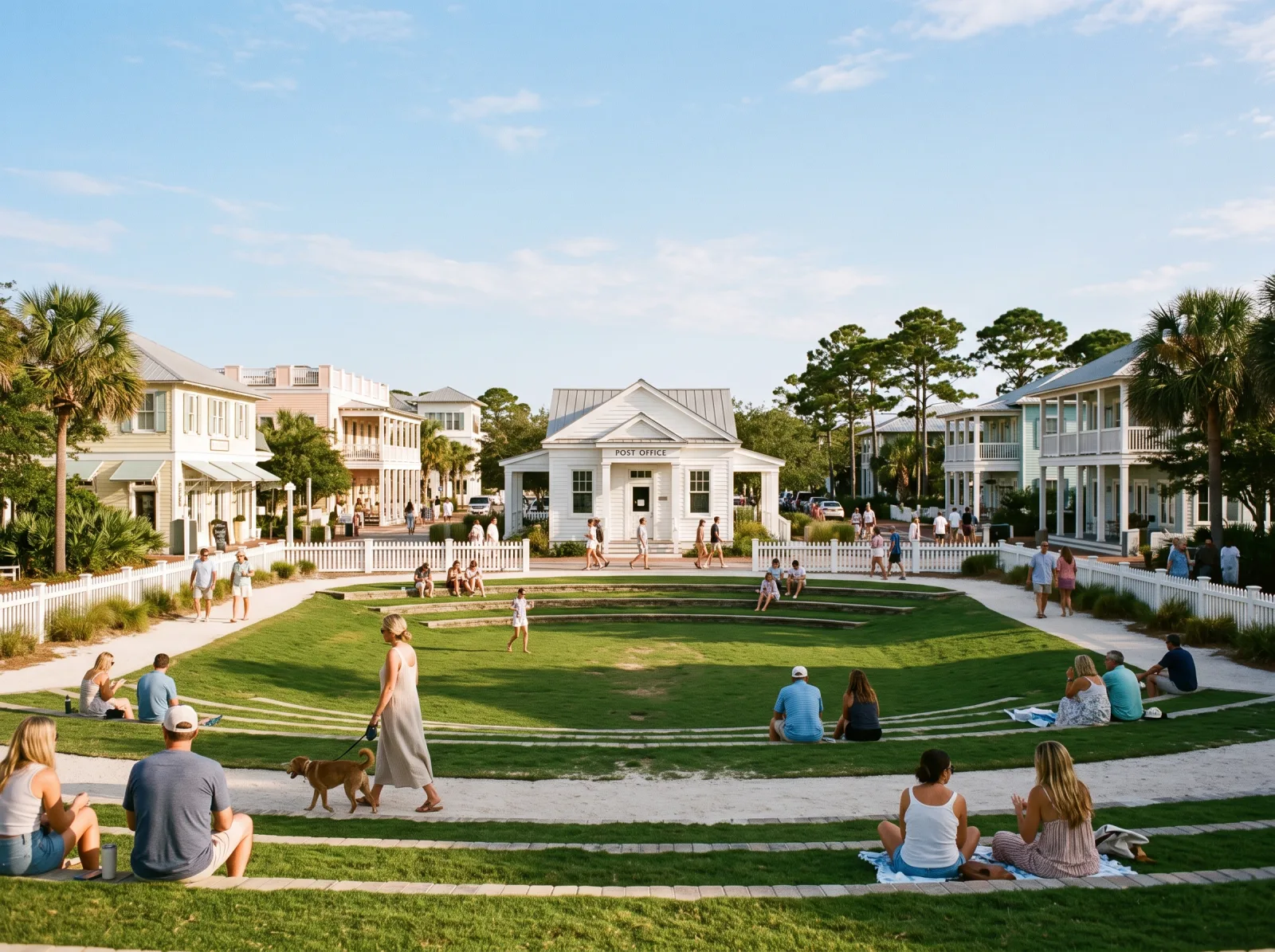 The lawn amphitheater at the center of Seaside with pastel cottages and a white beach pavilion behind it