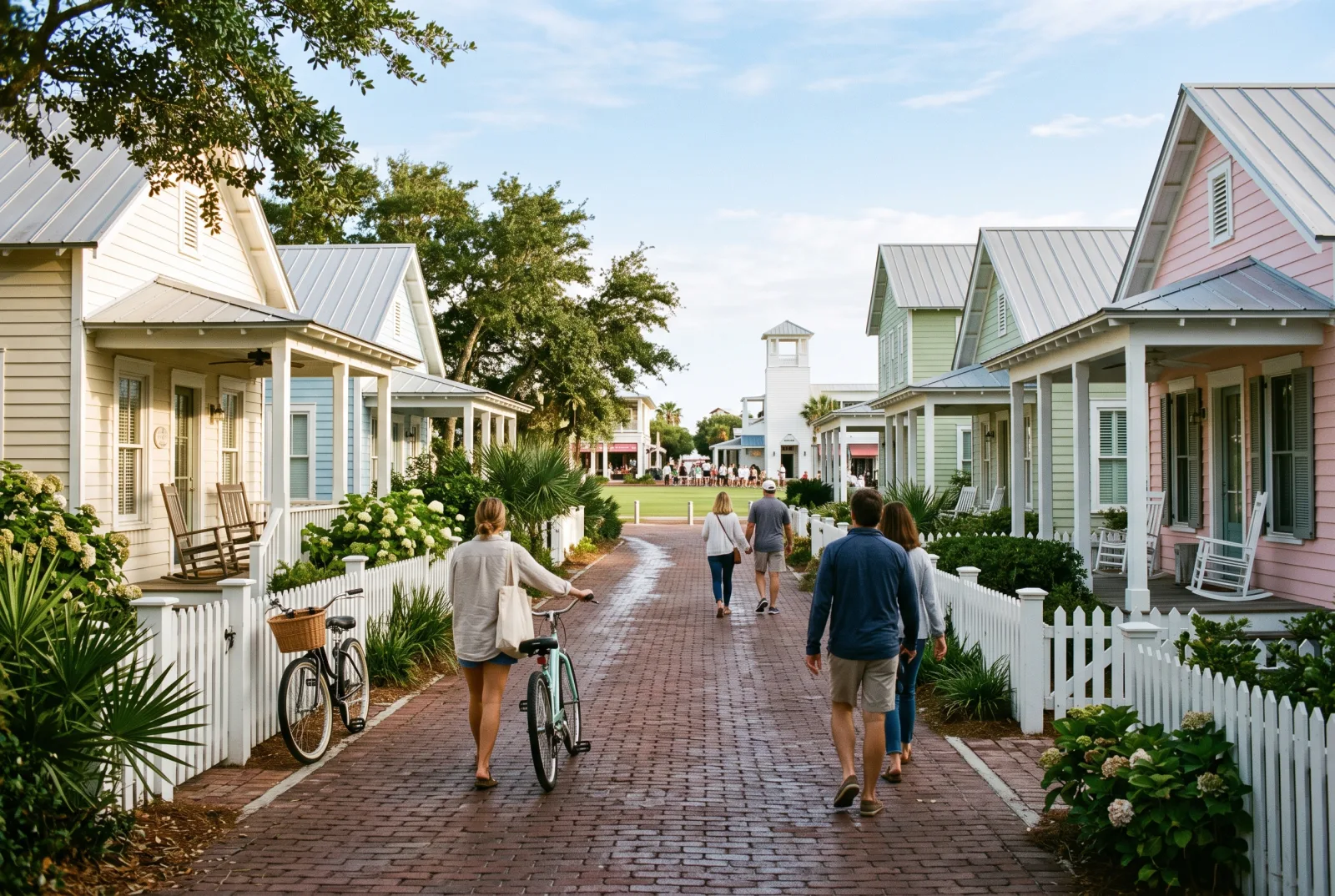 Pastel picket-fence cottages with deep porches lining a sand street in Seaside, with a white beach pavilion in the distance